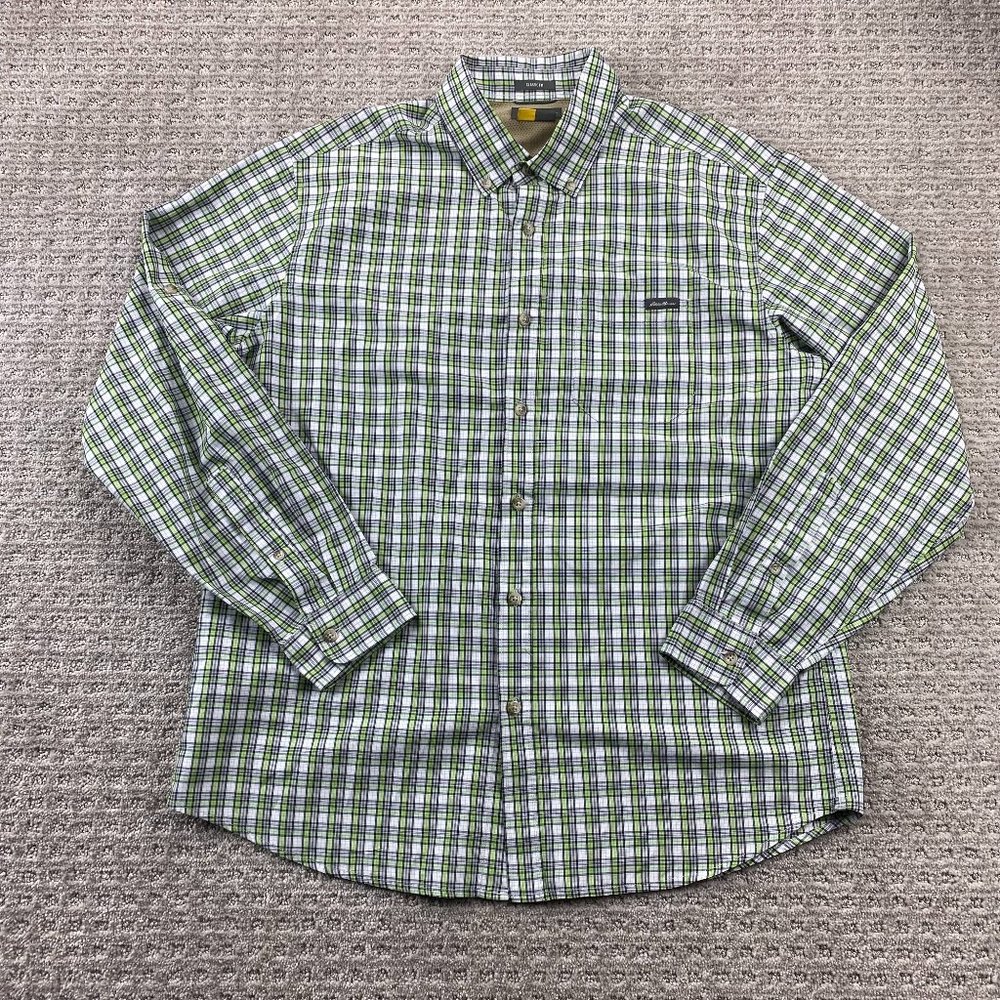 Eddie Bauer Shirt Men Large L Green White Checkered Button Down Casual Outdoors